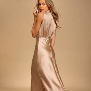 Classic Elegance Blush Satin Sleeveless Mock Neck Maxi Dress